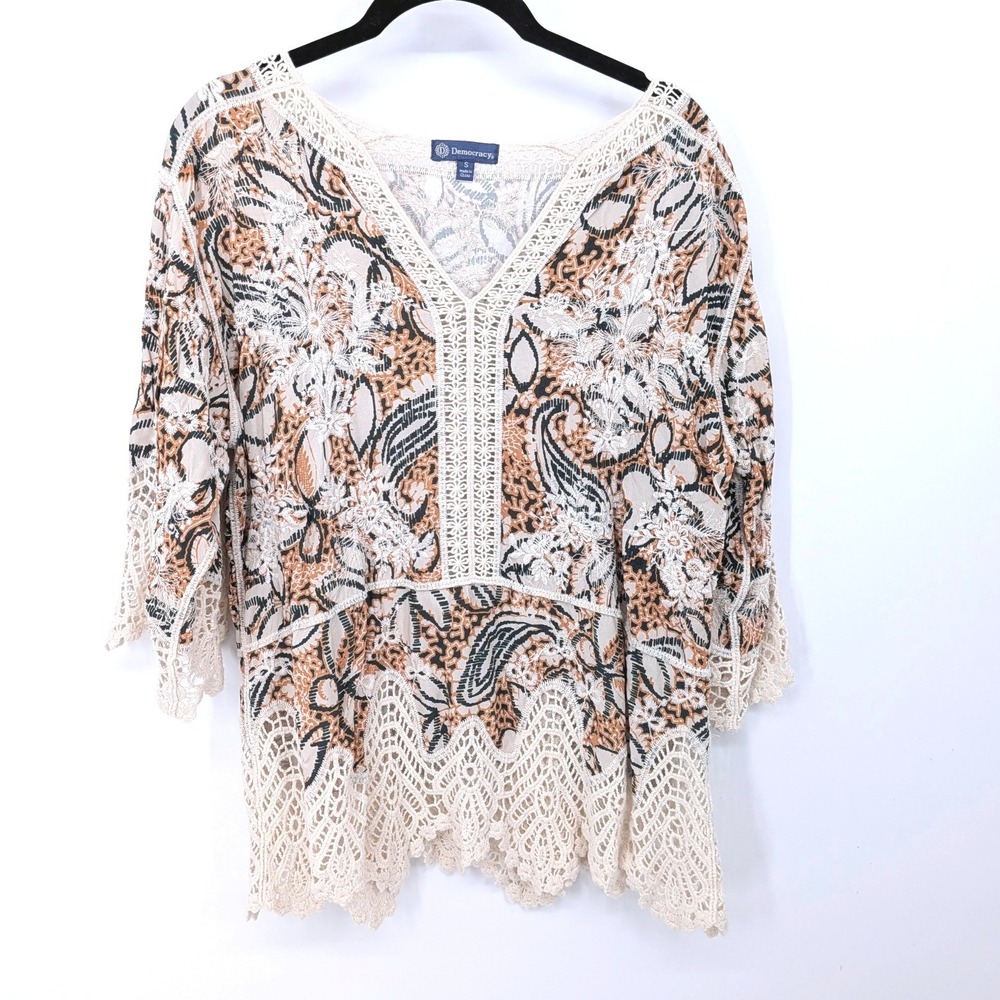 Democracy Embroidered Blouse Women Small Tan Paisley Lace Boho Crochet Top